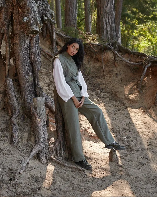 Linen Quilted Vest Fonni in Dark Green