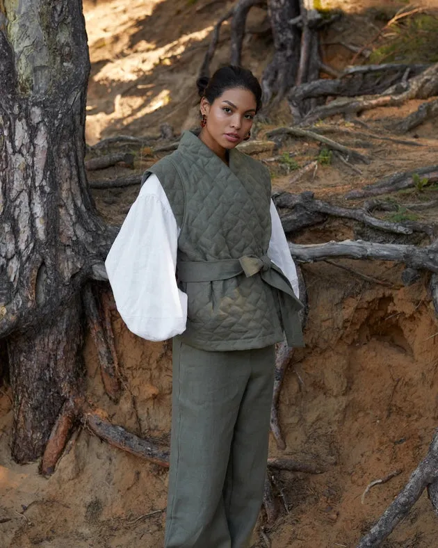 Linen Quilted Vest Fonni in Dark Green