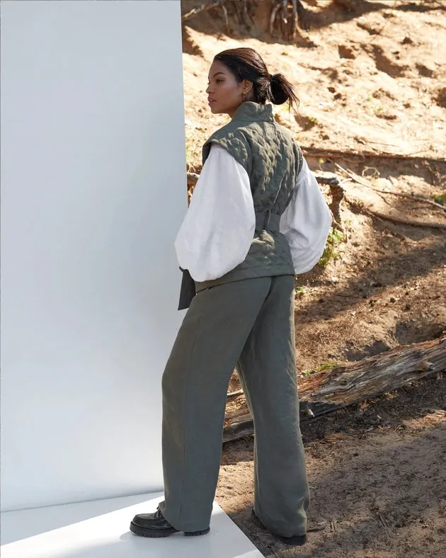 Linen Quilted Vest Fonni in Dark Green