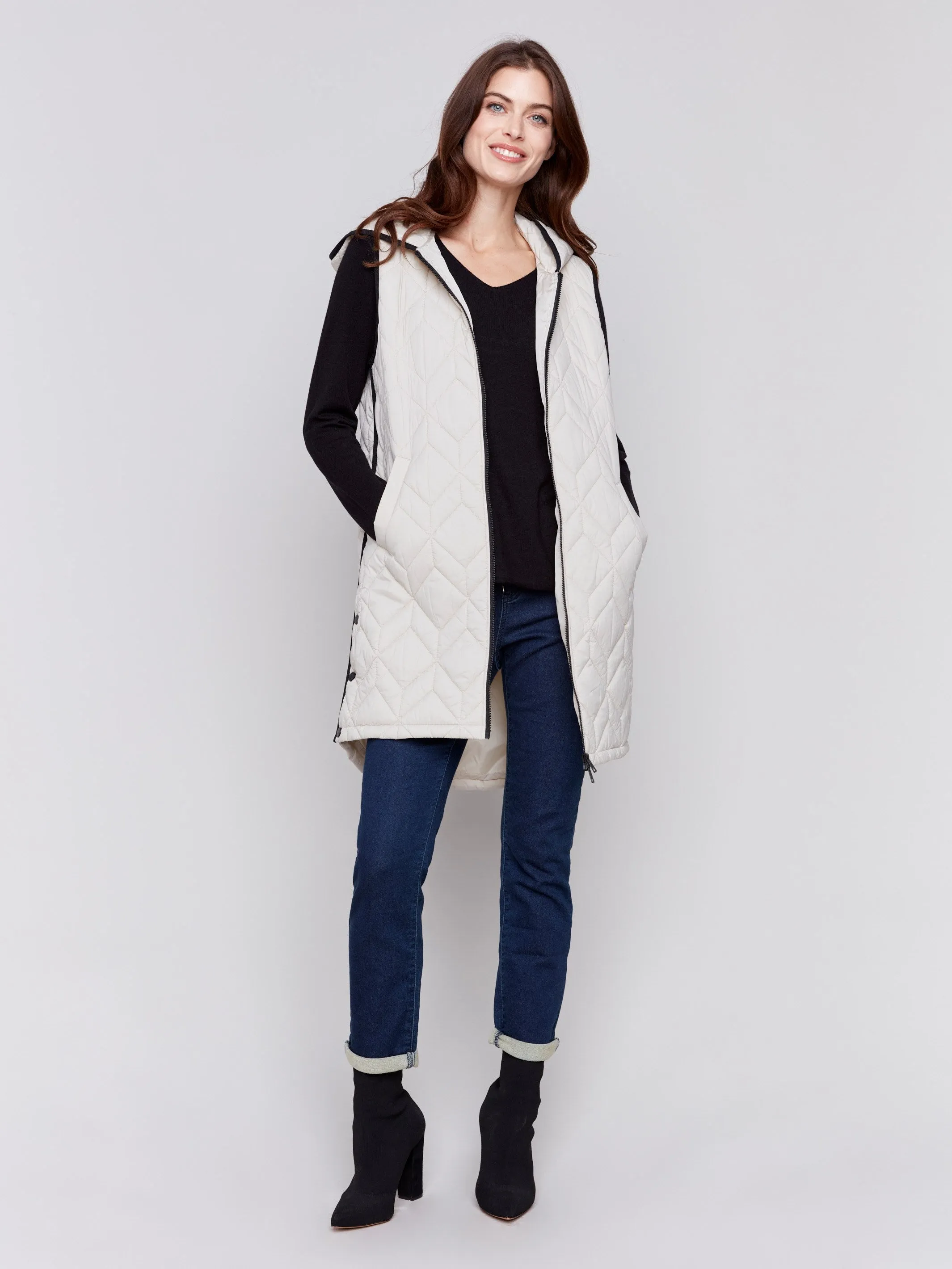 Long Quilted Puffer Vest with Hood - Almond