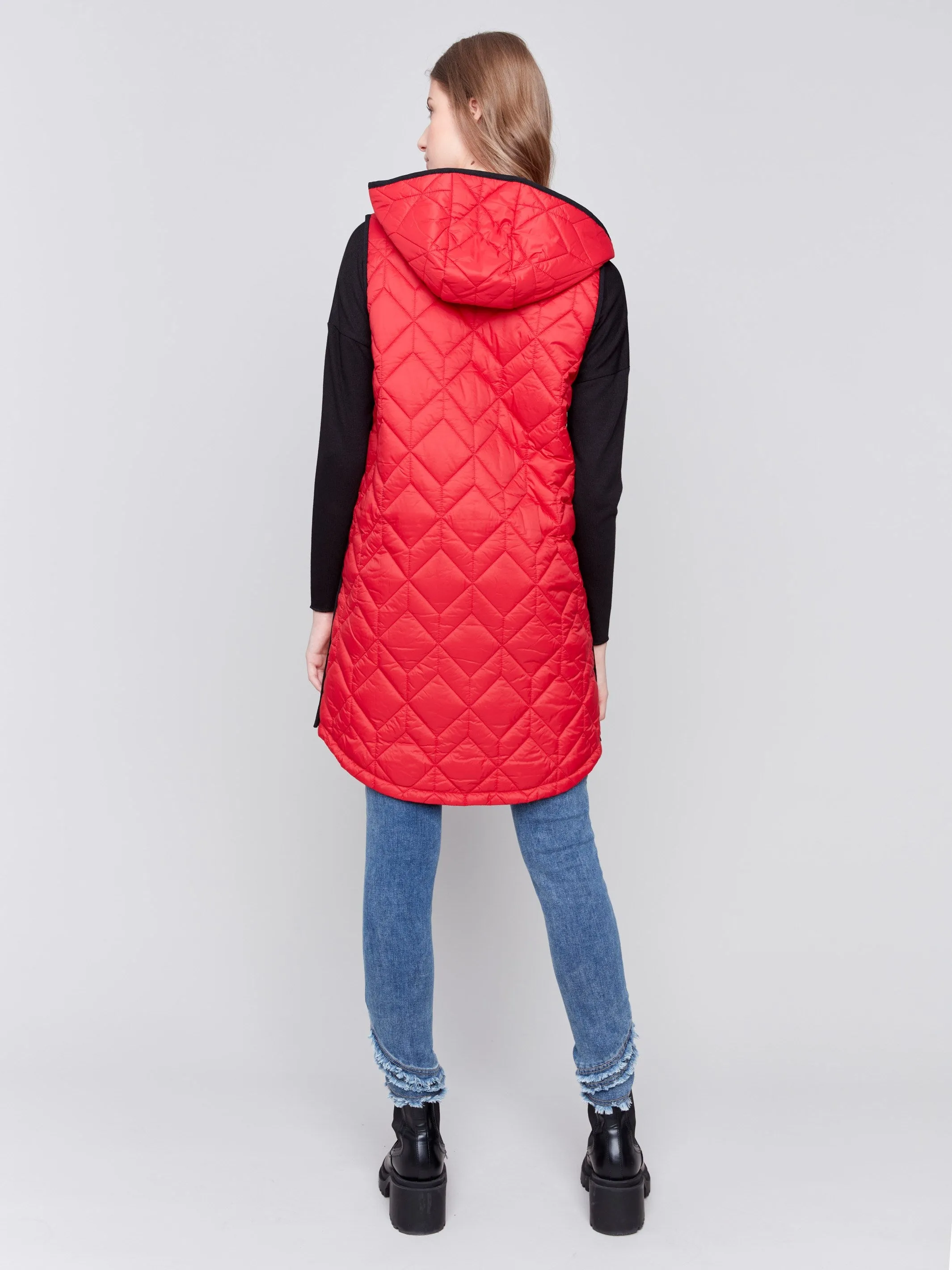 Long Quilted Puffer Vest with Hood - Cranberry