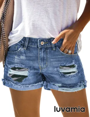 luvamia Women's Casual Ripped Denim Jean Shorts Mid Rise Stretchy Jeans Shorts