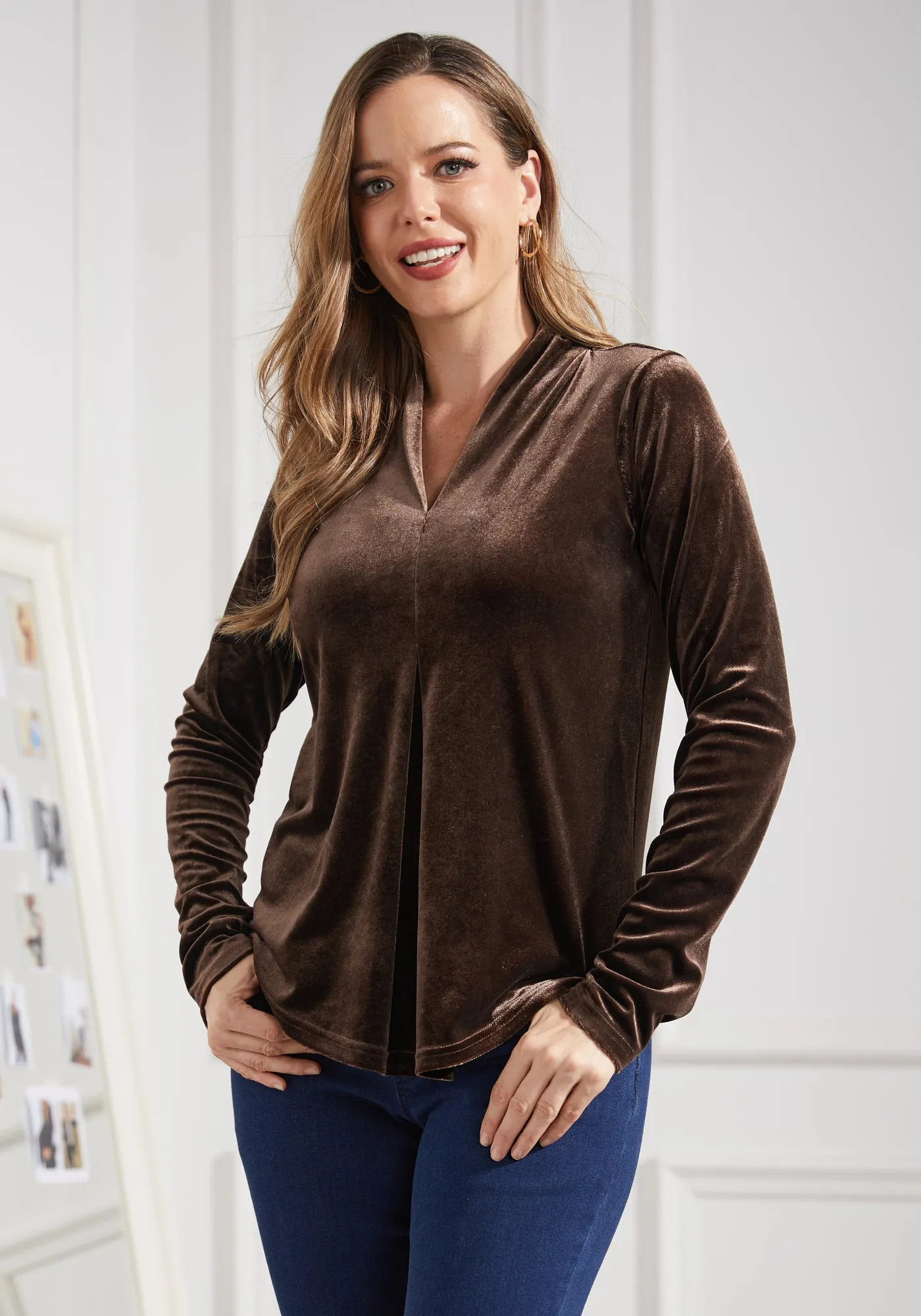 LuxeVelvet Pleated V-Neck Top (Mushroom)