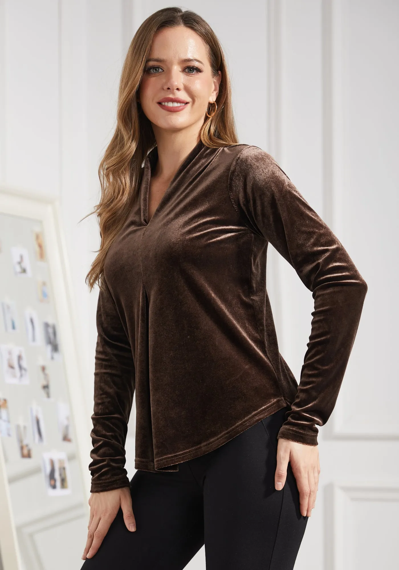 LuxeVelvet Pleated V-Neck Top (Mushroom)