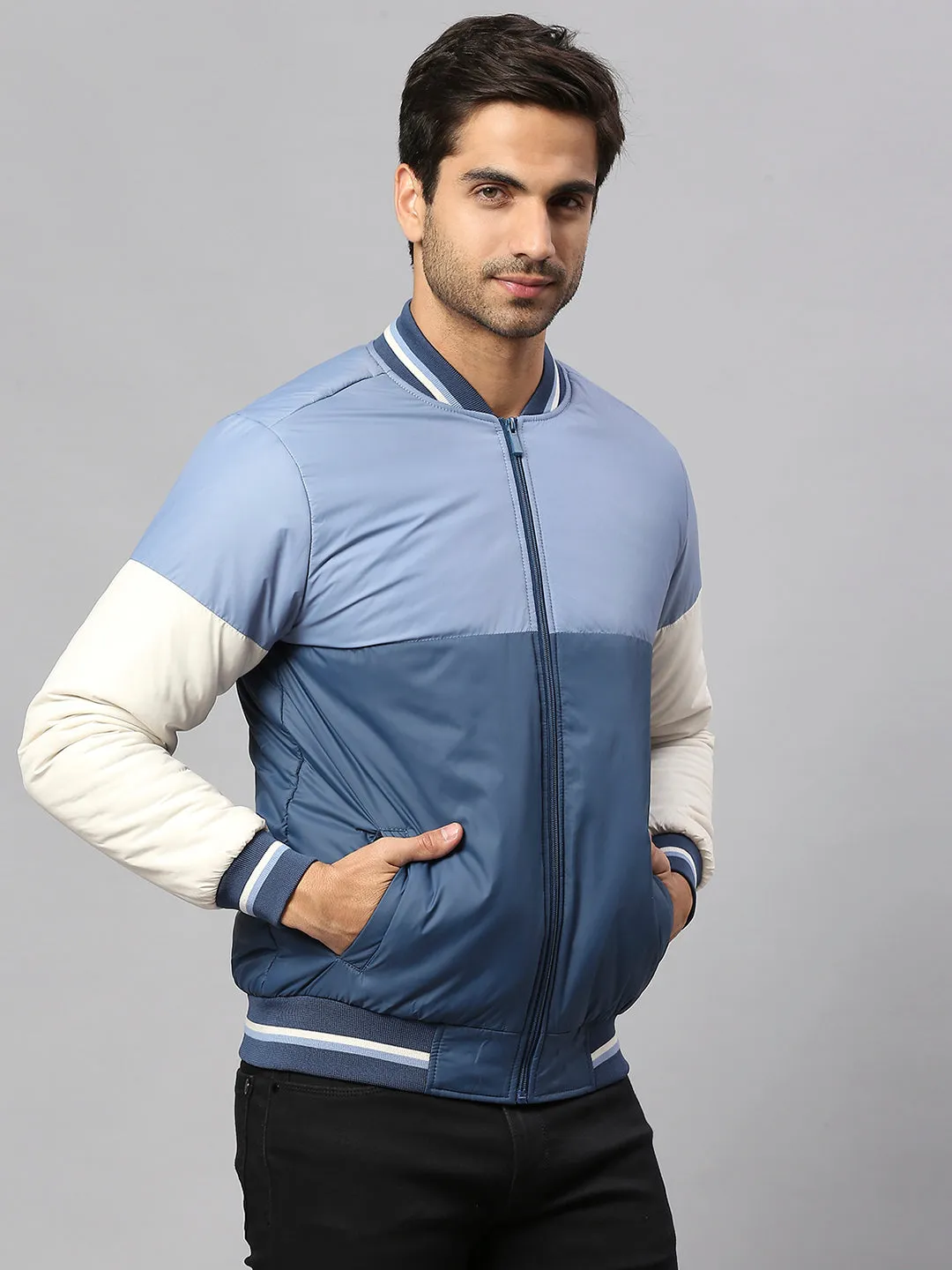 Men's Blue Regular Fit Winterwear Bomber Jacket