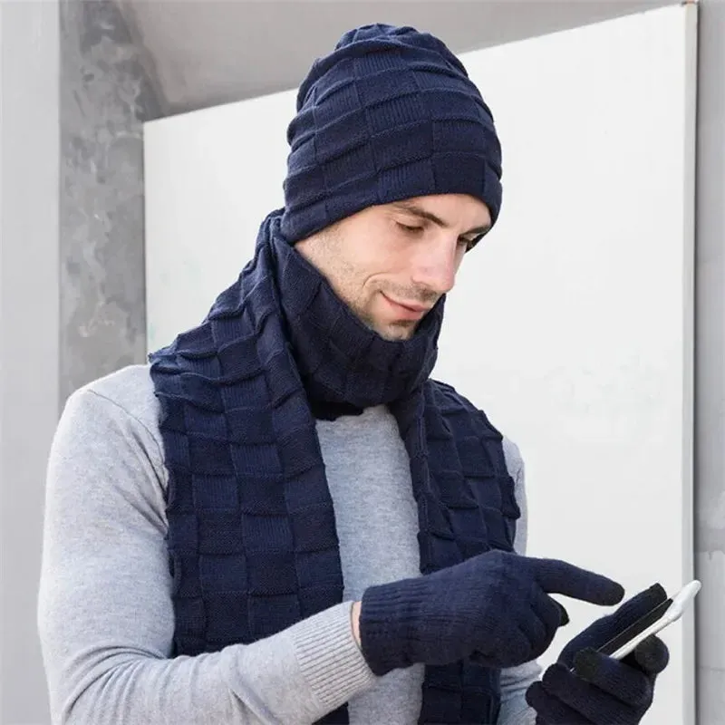 Men's Knitted Long Scarf Hat Gloves 3-Piece Set - Warm Winter Accessories