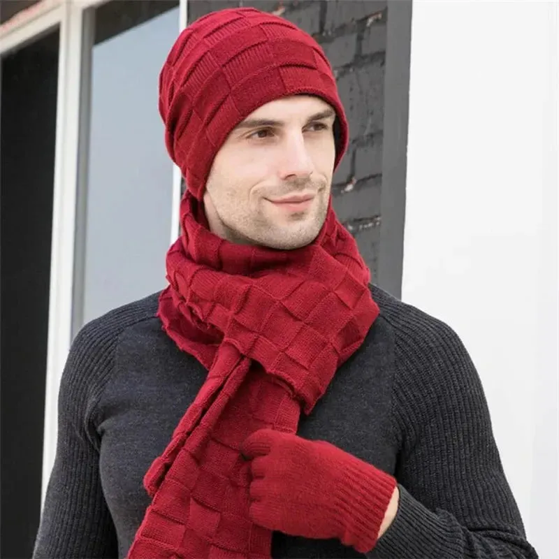 Men's Knitted Long Scarf Hat Gloves 3-Piece Set - Warm Winter Accessories