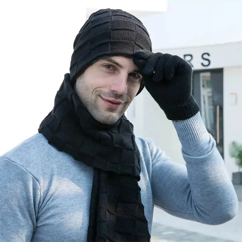 Men's Knitted Long Scarf Hat Gloves 3-Piece Set - Warm Winter Accessories