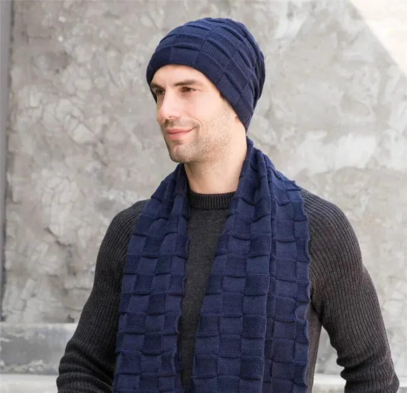 Men's Knitted Long Scarf Hat Gloves 3-Piece Set - Warm Winter Accessories