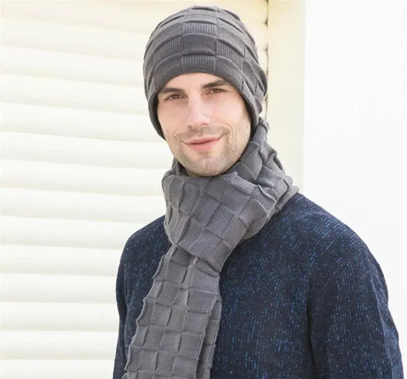 Men's Knitted Long Scarf Hat Gloves 3-Piece Set - Warm Winter Accessories