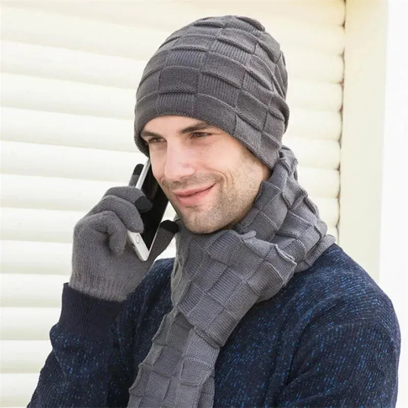 Men's Knitted Long Scarf Hat Gloves 3-Piece Set - Warm Winter Accessories