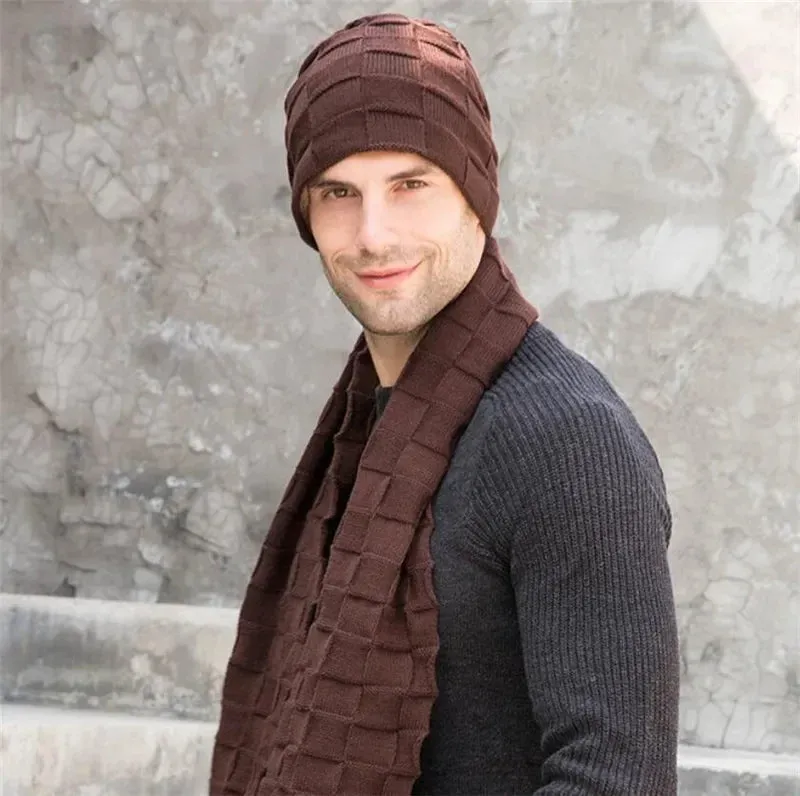 Men's Knitted Long Scarf Hat Gloves 3-Piece Set - Warm Winter Accessories