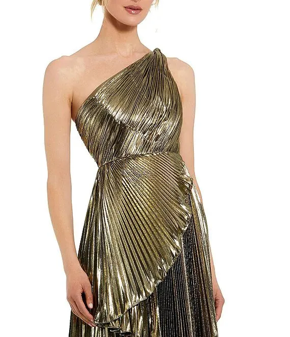 Metallic Pleated One Shoulder Sleeveless Faux Wrap Ruffle Hem High Low Gown Cocktail Dresses