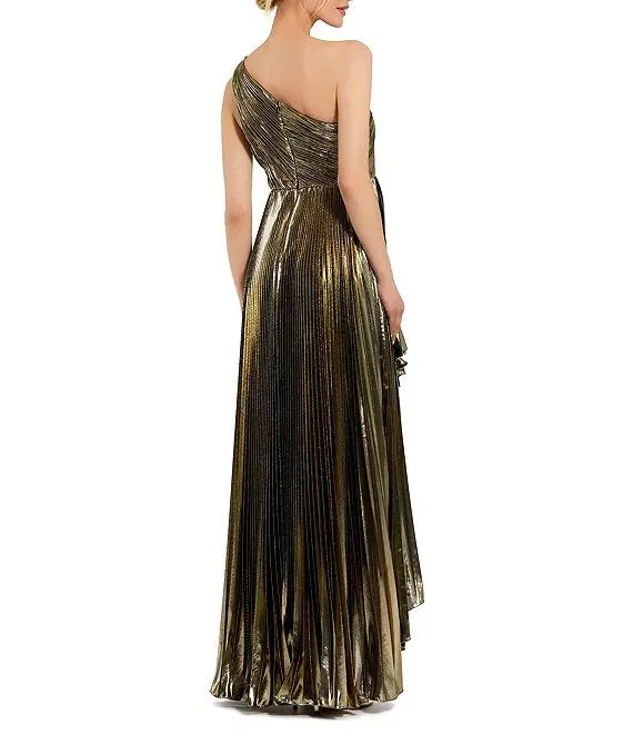 Metallic Pleated One Shoulder Sleeveless Faux Wrap Ruffle Hem High Low Gown Cocktail Dresses