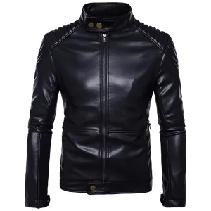 Motorcycle Biker Stand Collar Jackets for Men / Male Black Zipper Soft PU Leather Jackets