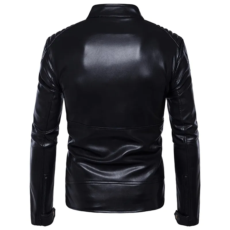 Motorcycle Biker Stand Collar Jackets for Men / Male Black Zipper Soft PU Leather Jackets