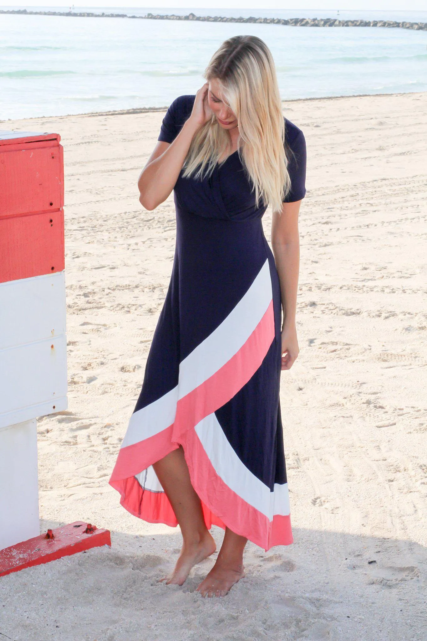 Navy Color Block High Low Dress