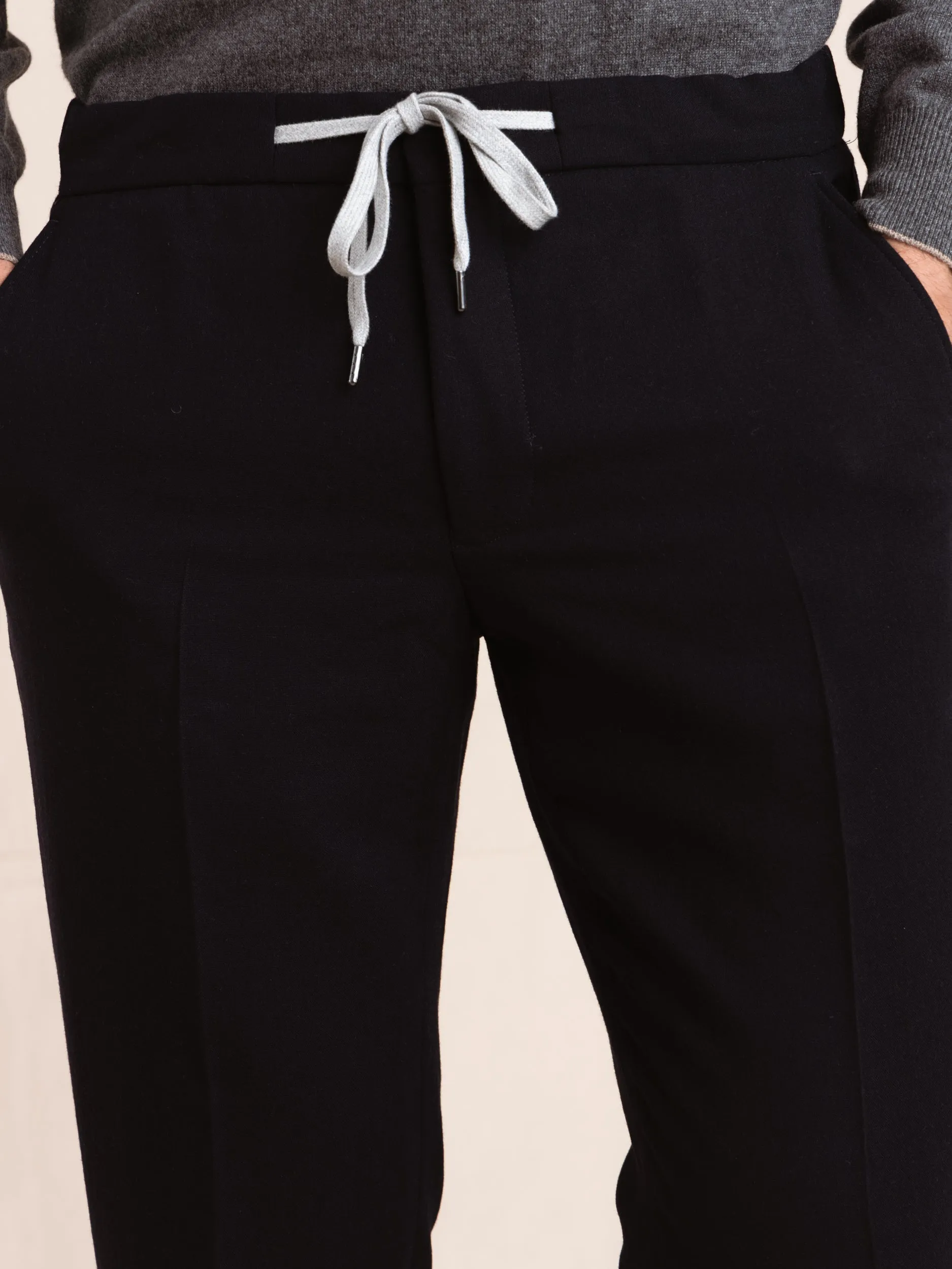 Navy Wool-Blend Drawstring Pant