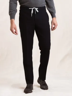 Navy Wool-Blend Drawstring Pant