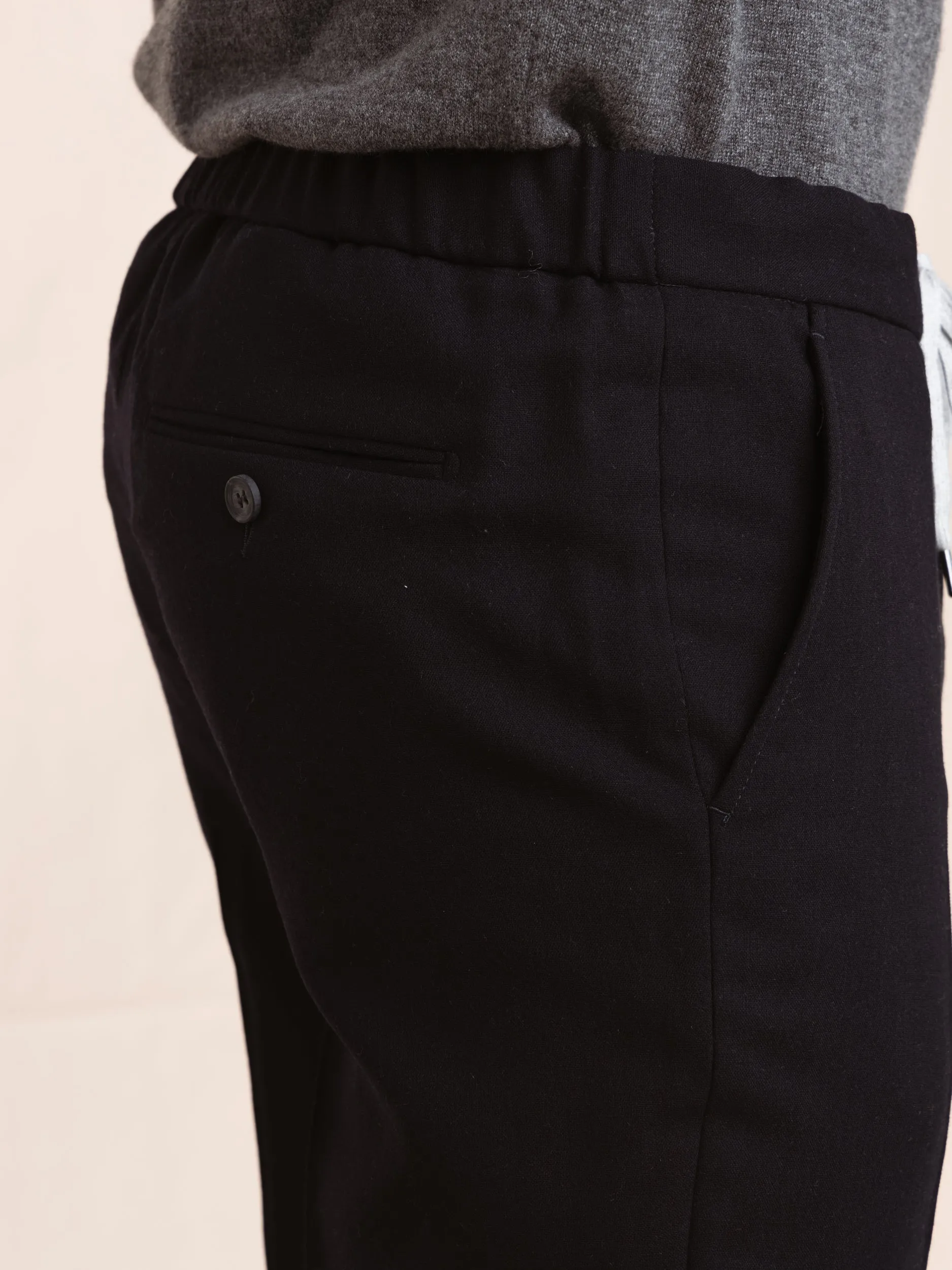 Navy Wool-Blend Drawstring Pant