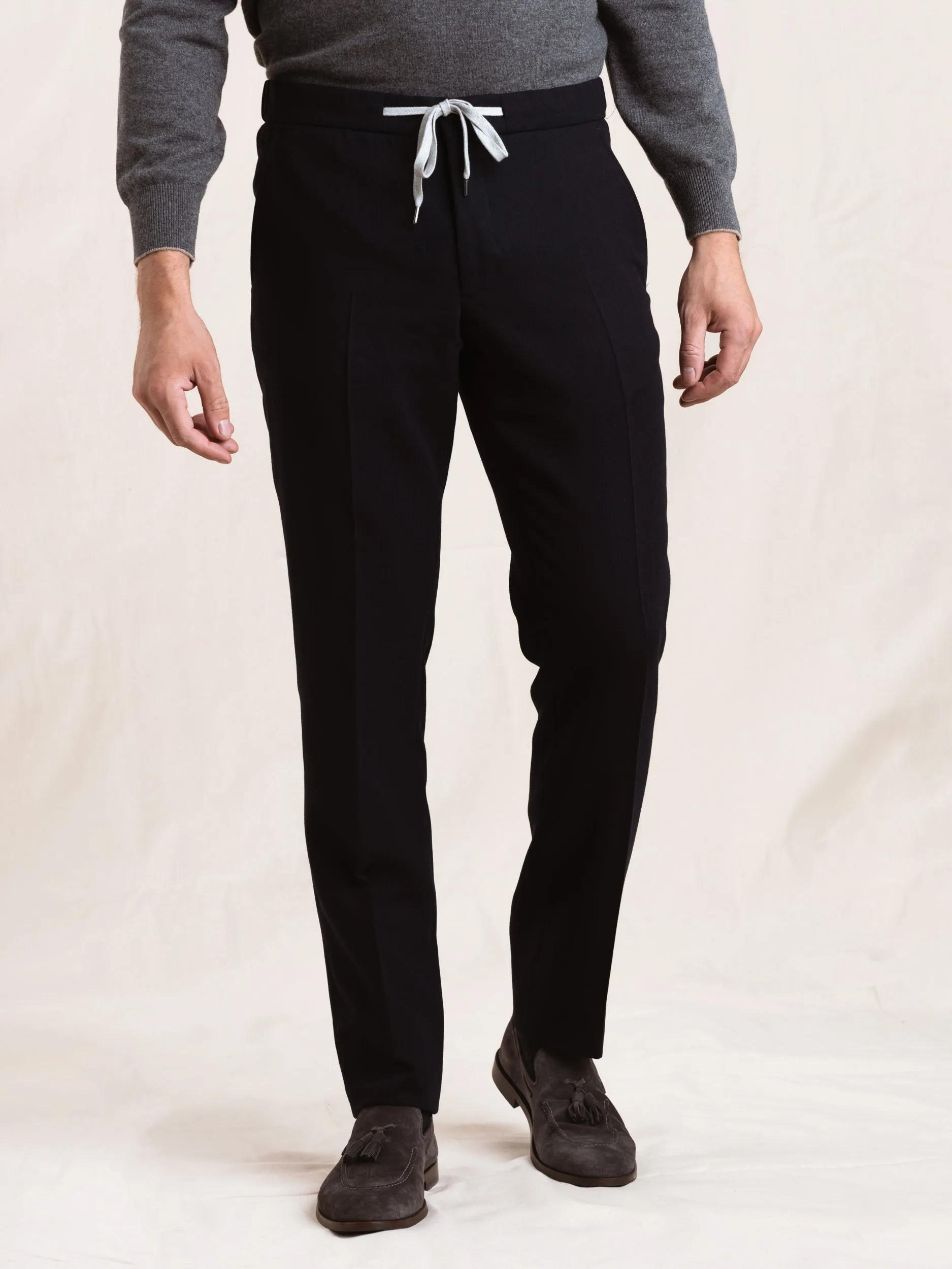 Navy Wool-Blend Drawstring Pant