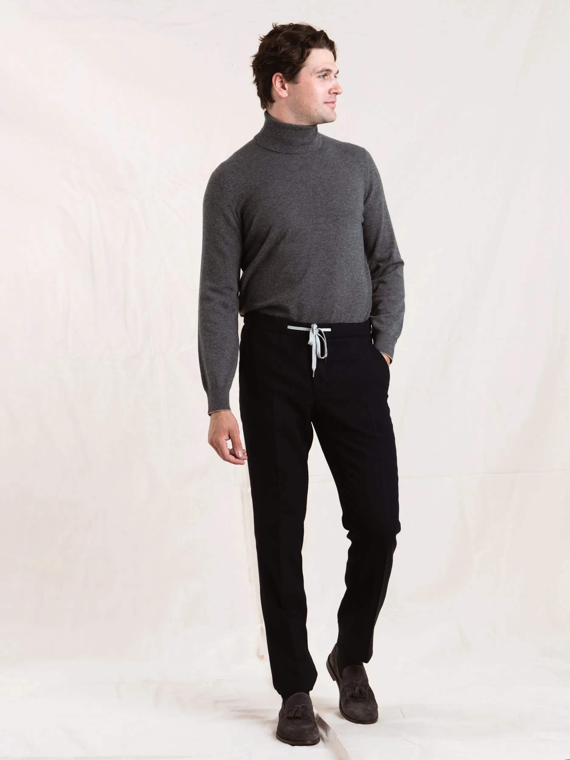 Navy Wool-Blend Drawstring Pant