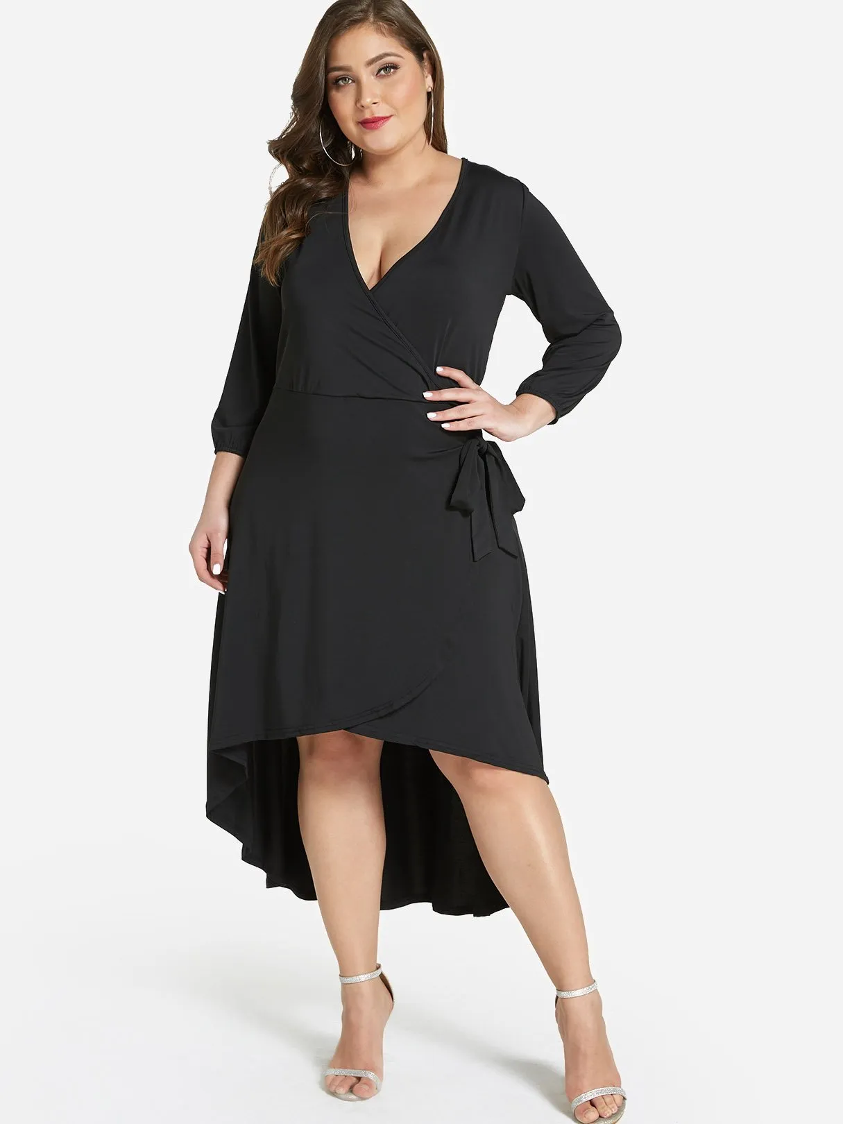 OEM ODM V-Neck Plain Self-Tie Wrap Long Sleeve High-Low Hem Black Plus Size Dress