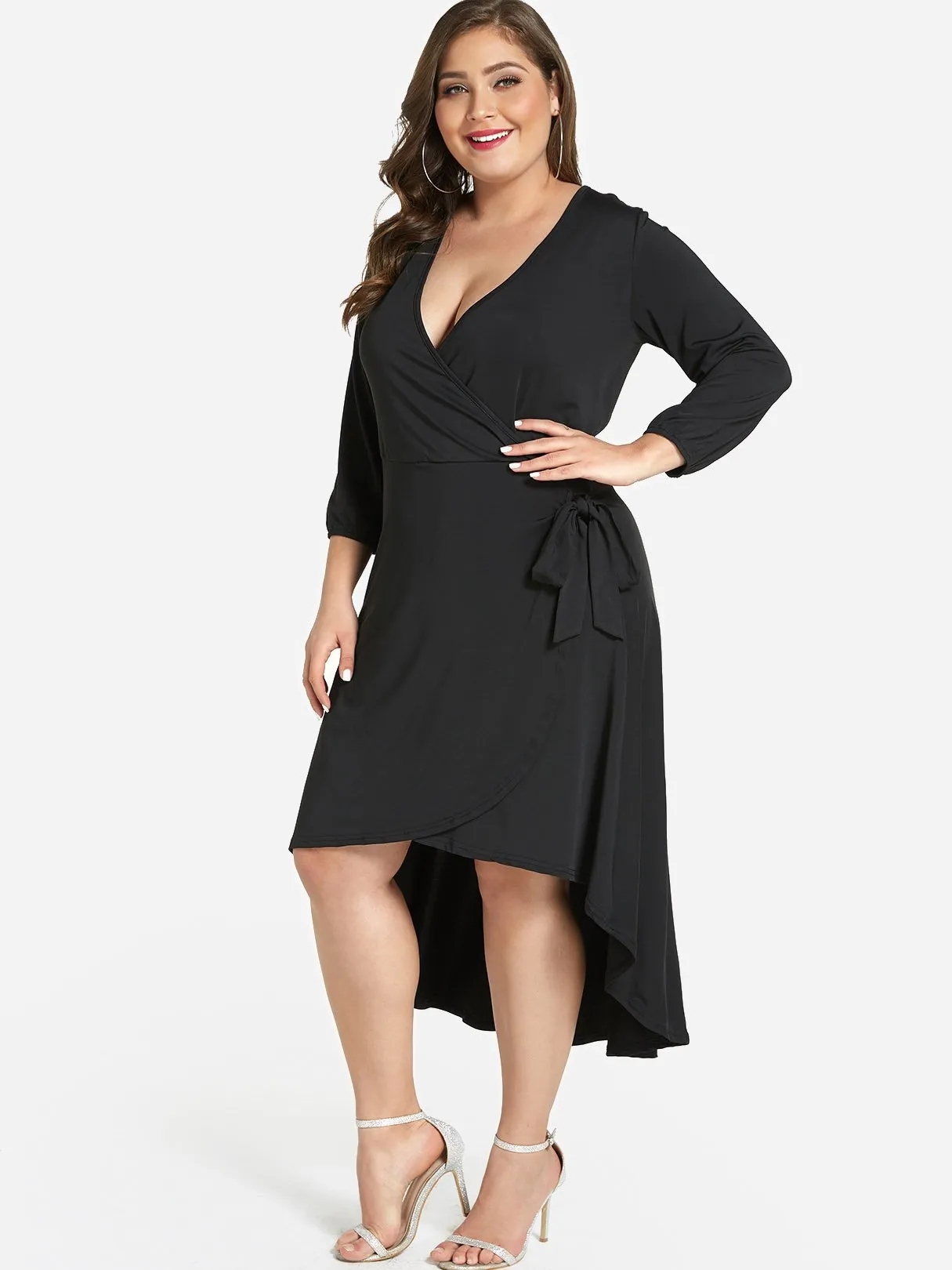 OEM ODM V-Neck Plain Self-Tie Wrap Long Sleeve High-Low Hem Black Plus Size Dress