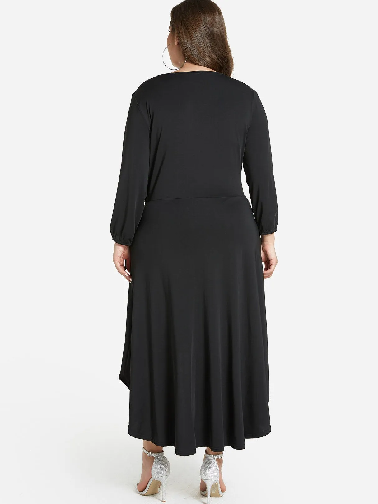 OEM ODM V-Neck Plain Self-Tie Wrap Long Sleeve High-Low Hem Black Plus Size Dress