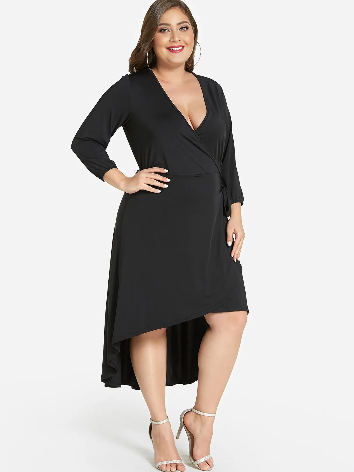 OEM ODM V-Neck Plain Self-Tie Wrap Long Sleeve High-Low Hem Black Plus Size Dress