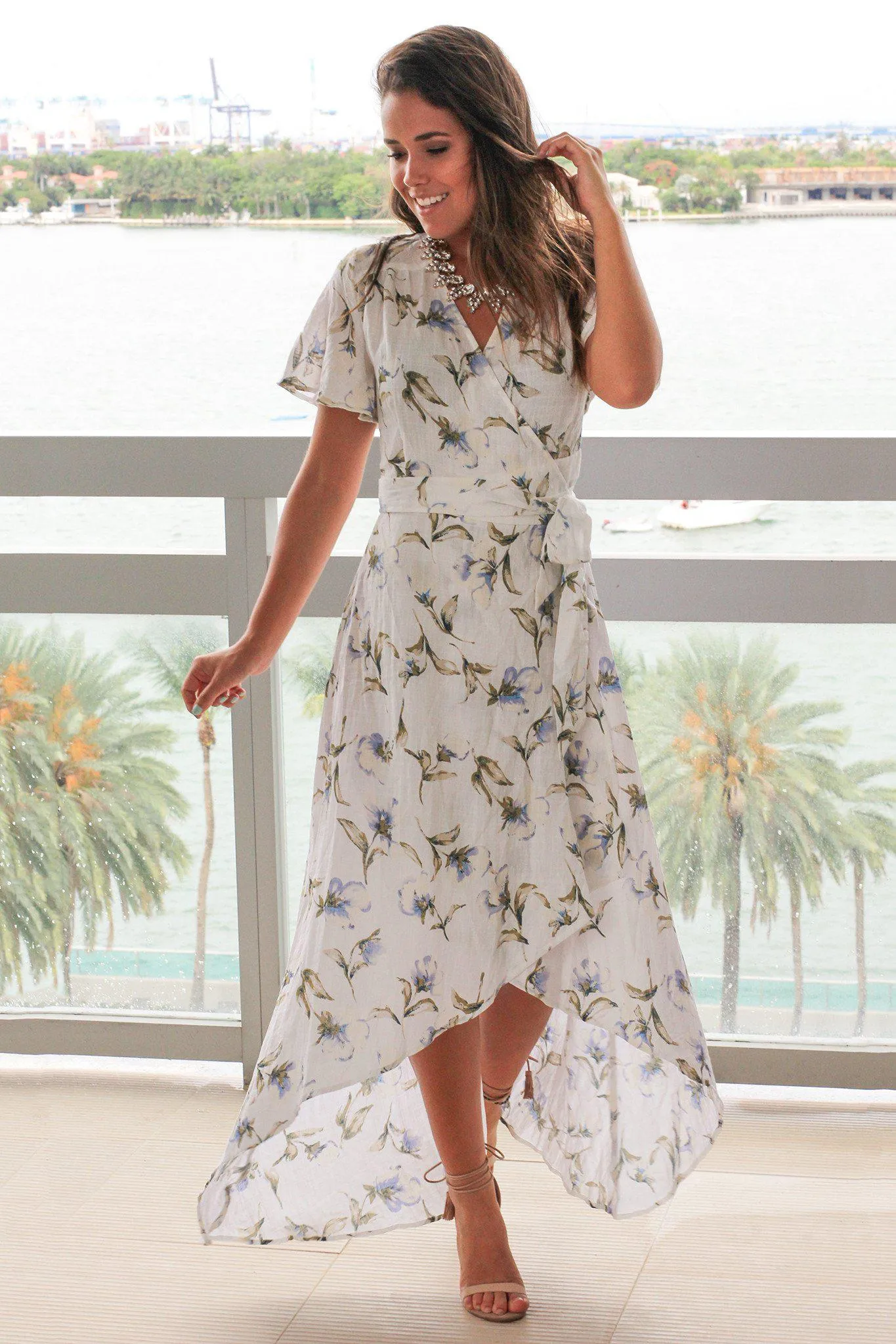 Off White Floral High Low Wrap Dress