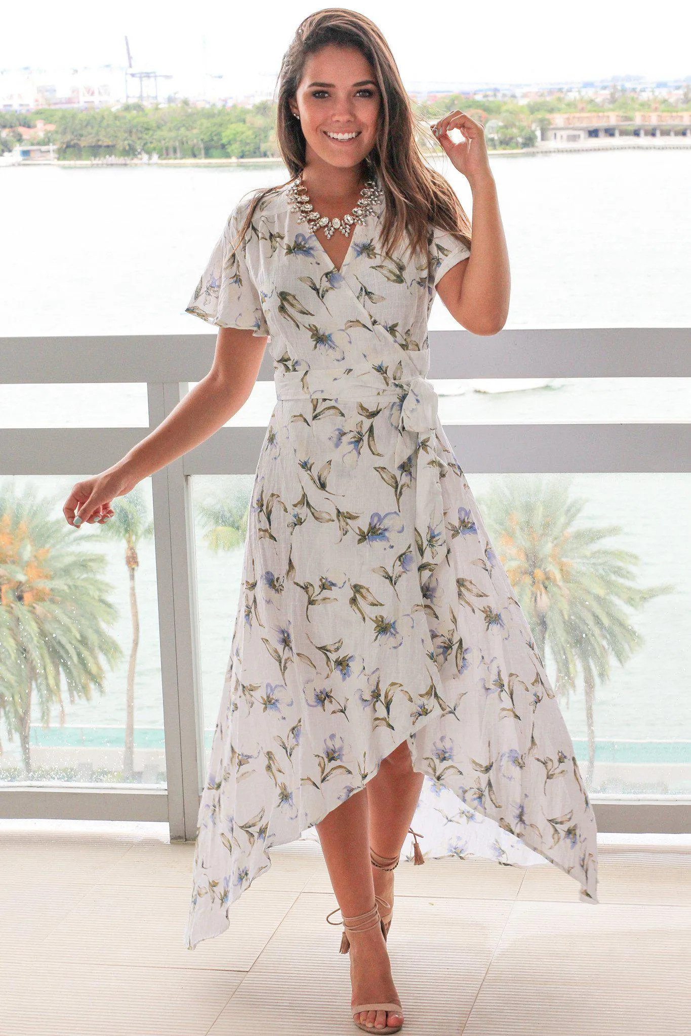 Off White Floral High Low Wrap Dress