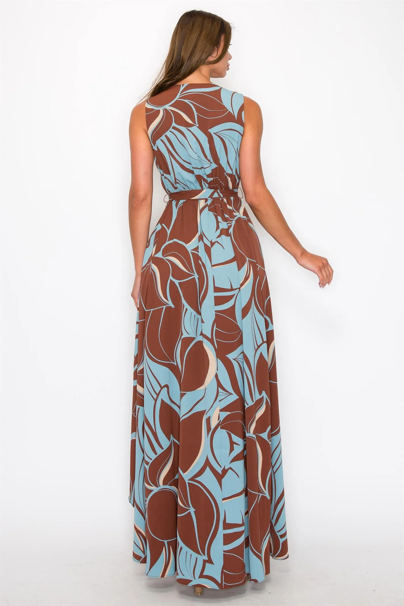 OL24A162-1 | CHIFFON LEAF PRINT SLEEVELESS PLEATS HIGH LOW WRAP