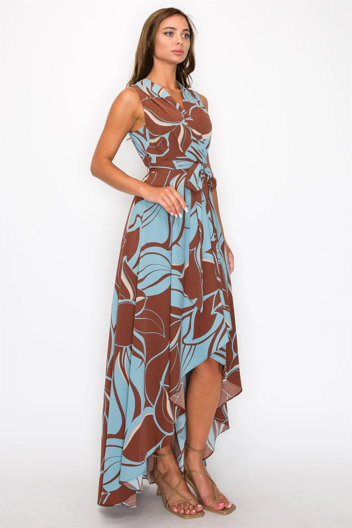 OL24A162-1 | CHIFFON LEAF PRINT SLEEVELESS PLEATS HIGH LOW WRAP