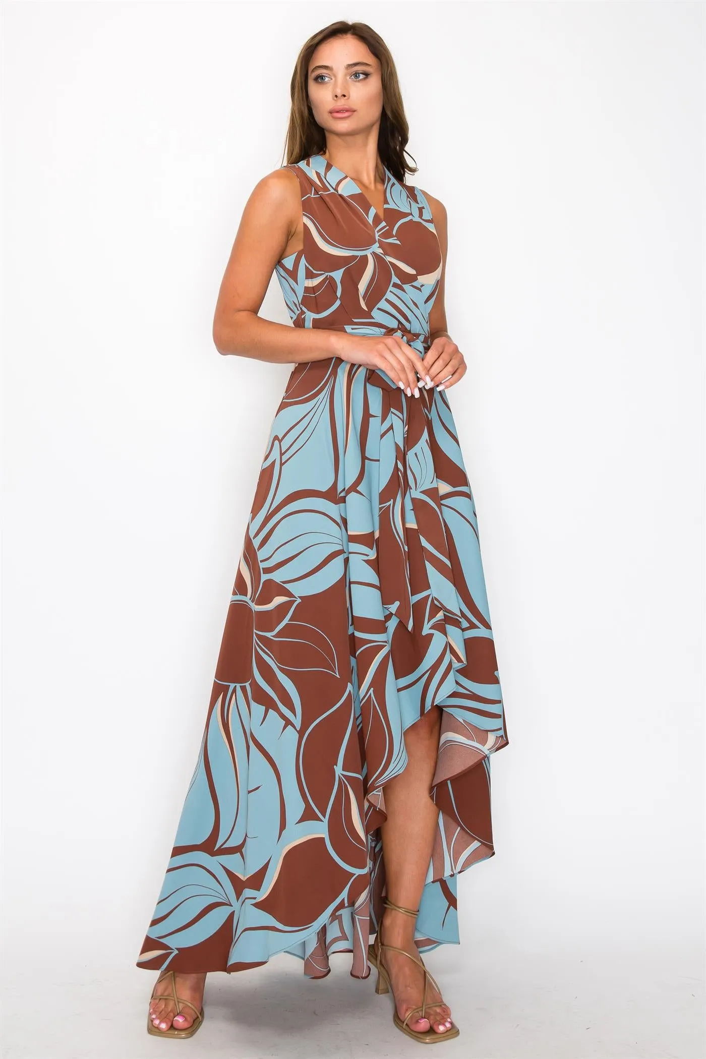 OL24A162-1 | CHIFFON LEAF PRINT SLEEVELESS PLEATS HIGH LOW WRAP