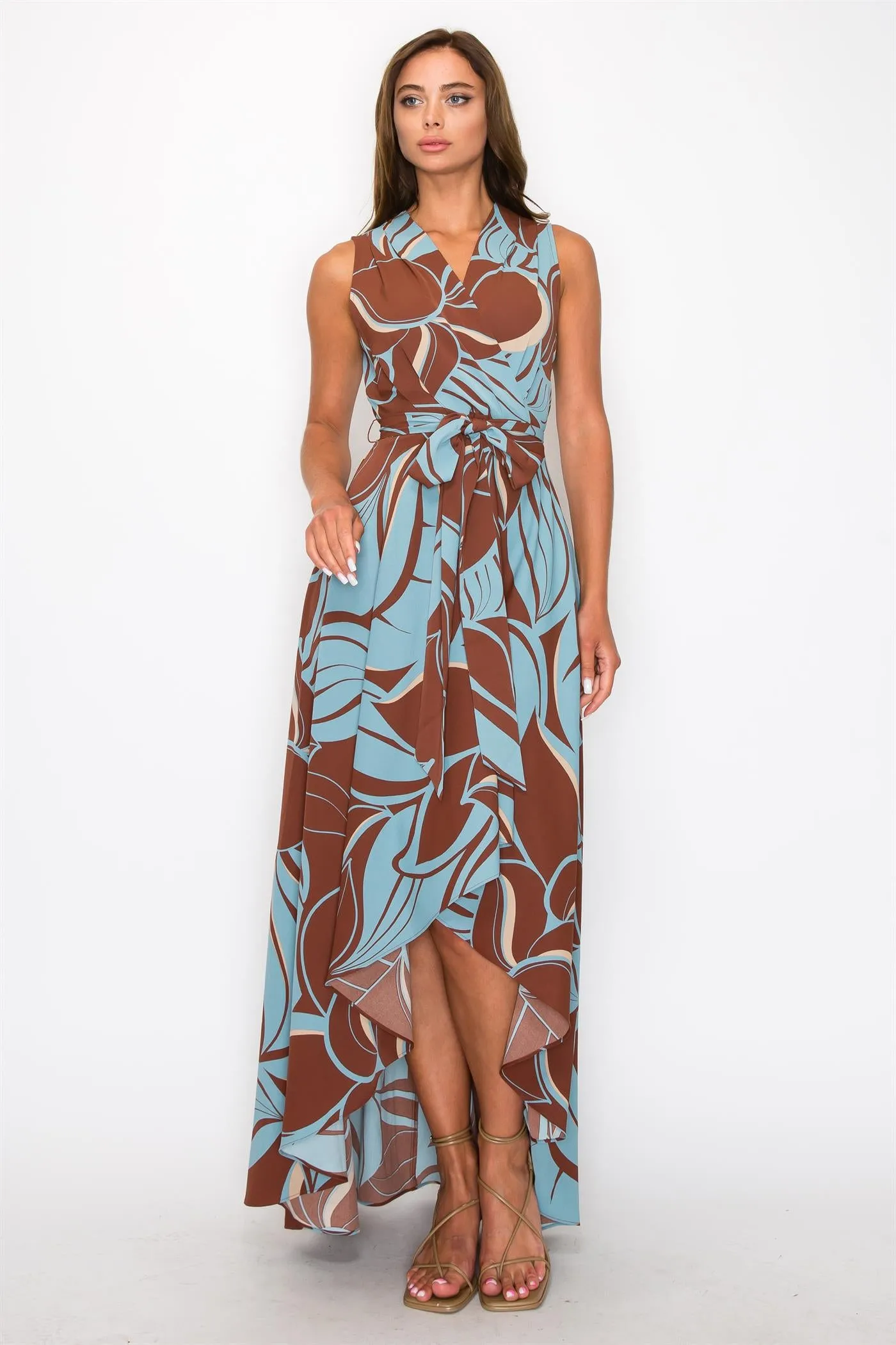 OL24A162-1 | CHIFFON LEAF PRINT SLEEVELESS PLEATS HIGH LOW WRAP