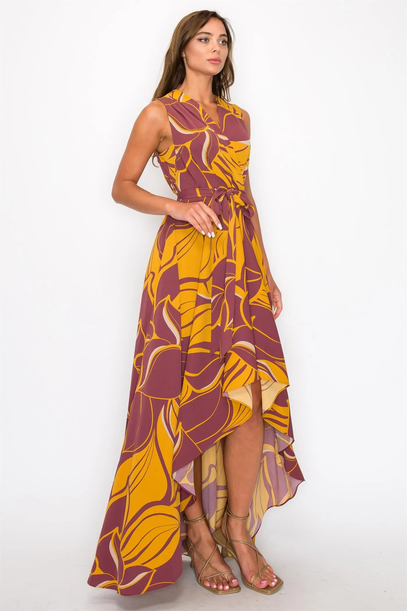 OL24A162-1 | CHIFFON LEAF PRINT SLEEVELESS PLEATS HIGH LOW WRAP