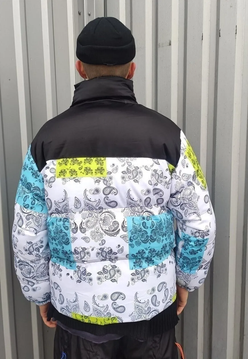 Painted paisley bomber bandana puffer jacket in white black