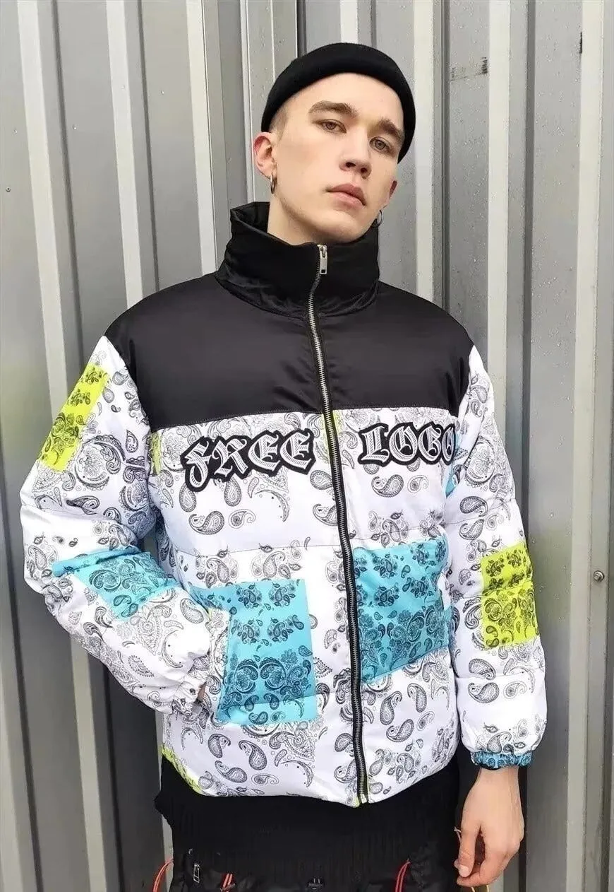 Painted paisley bomber bandana puffer jacket in white black