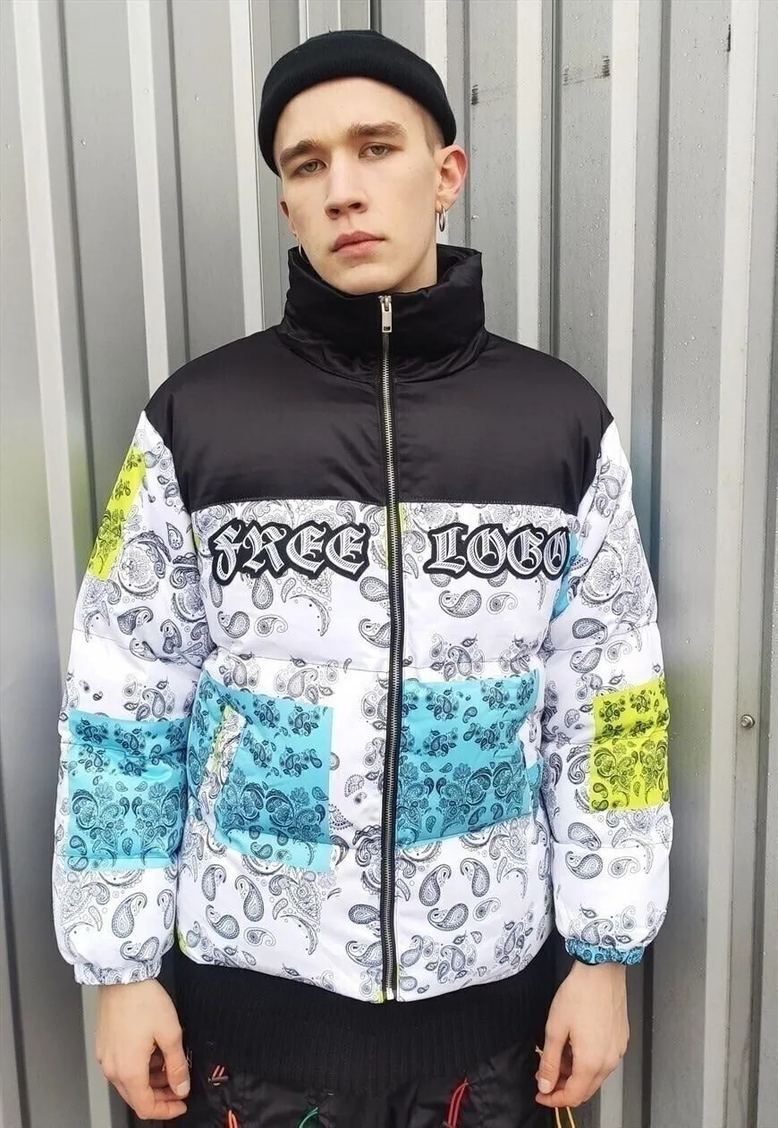 Painted paisley bomber bandana puffer jacket in white black