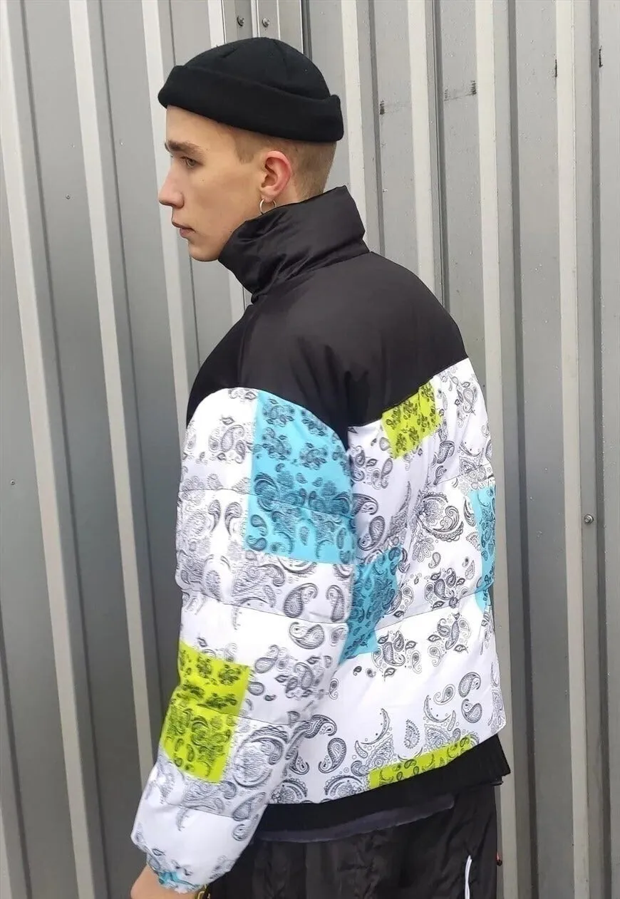 Painted paisley bomber bandana puffer jacket in white black