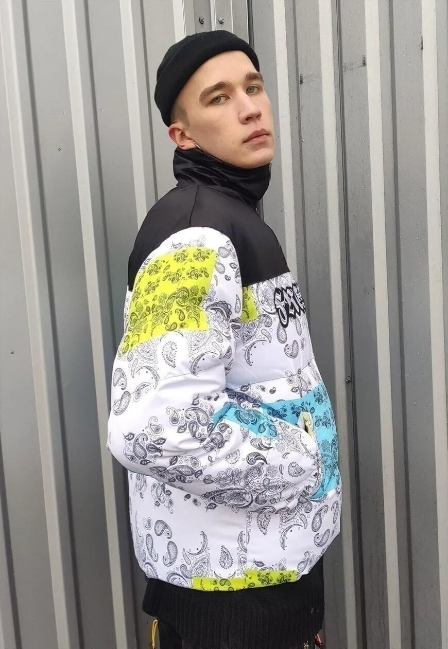 Painted paisley bomber bandana puffer jacket in white black