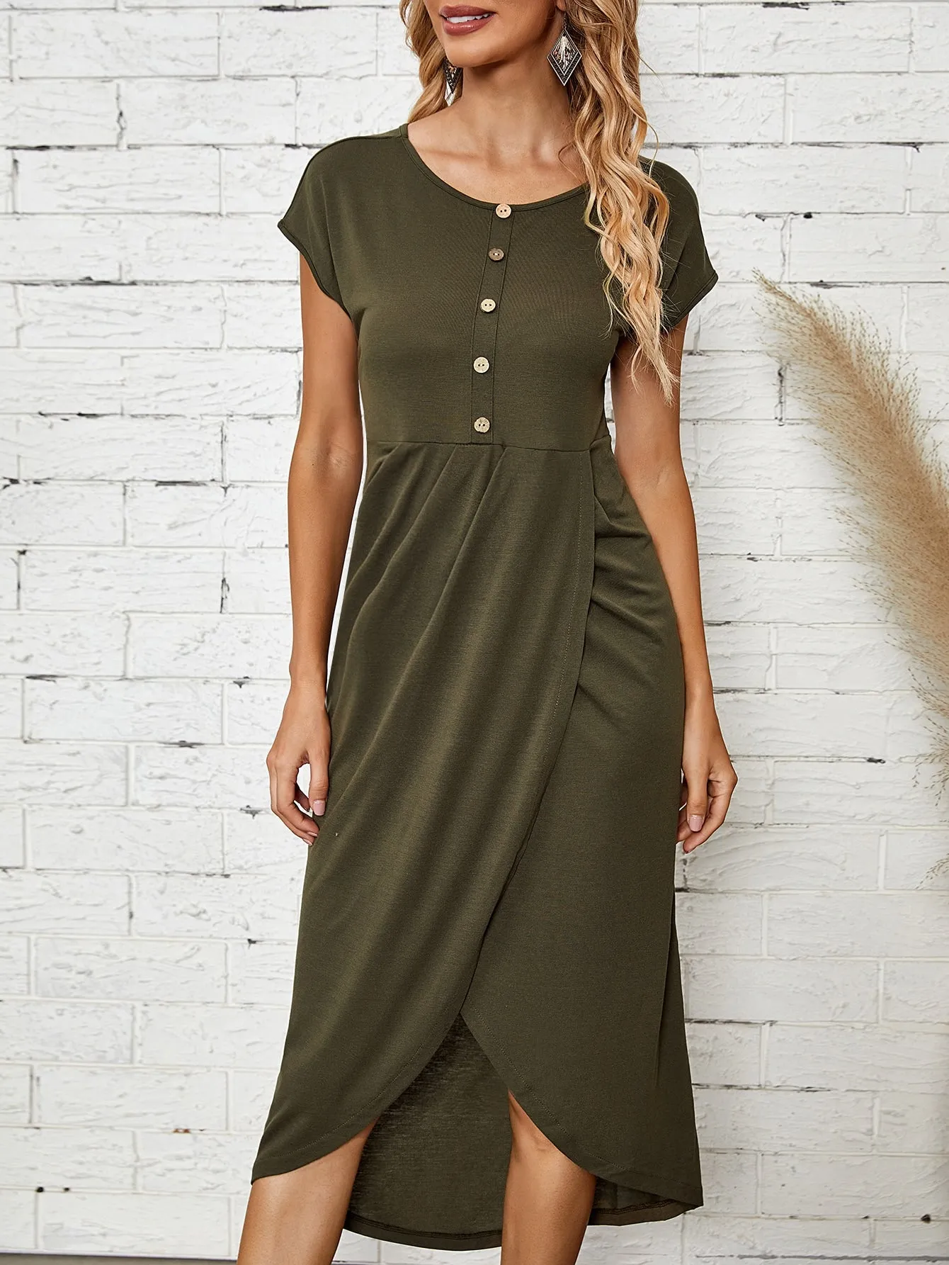 Plain High Low Cap Sleeve Round Neck Wrap High Waist Long Dress