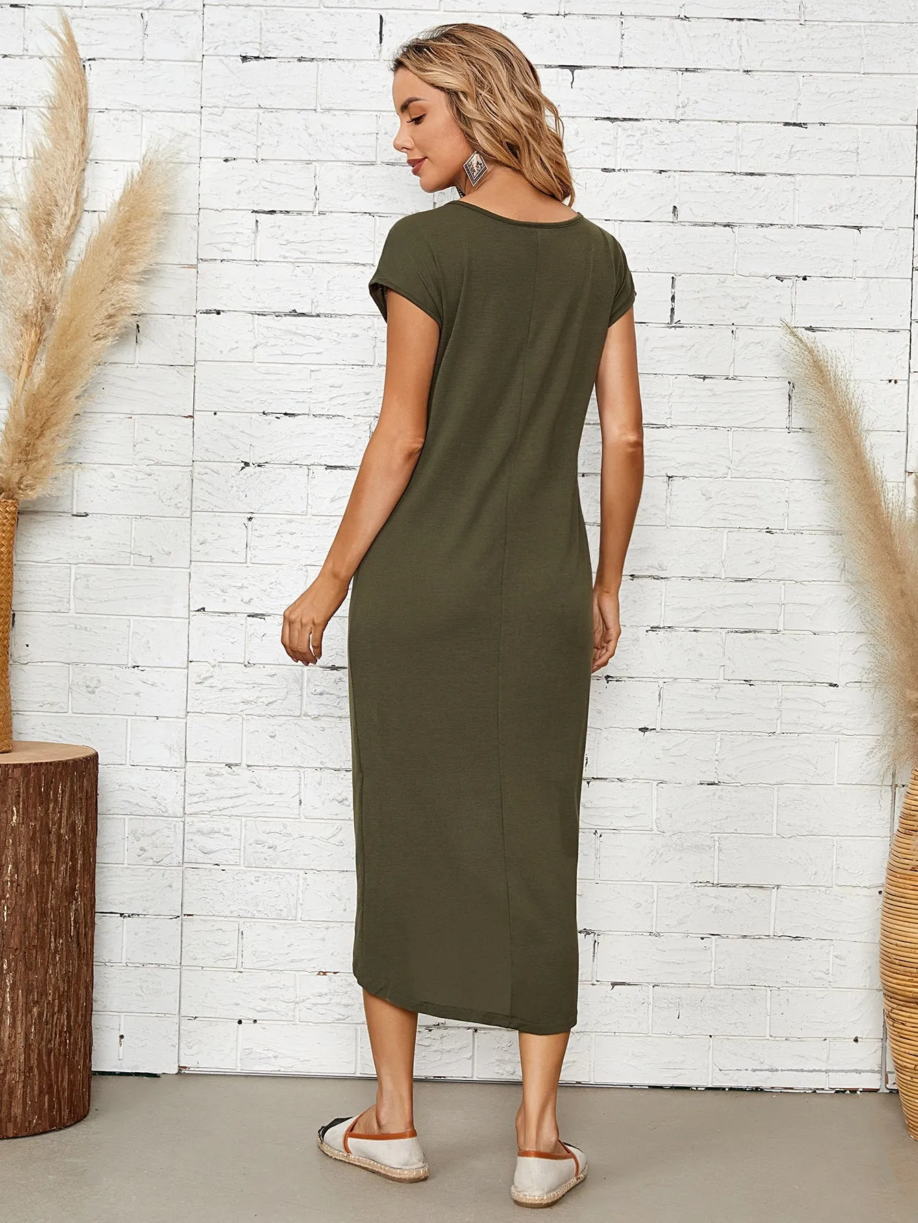 Plain High Low Cap Sleeve Round Neck Wrap High Waist Long Dress