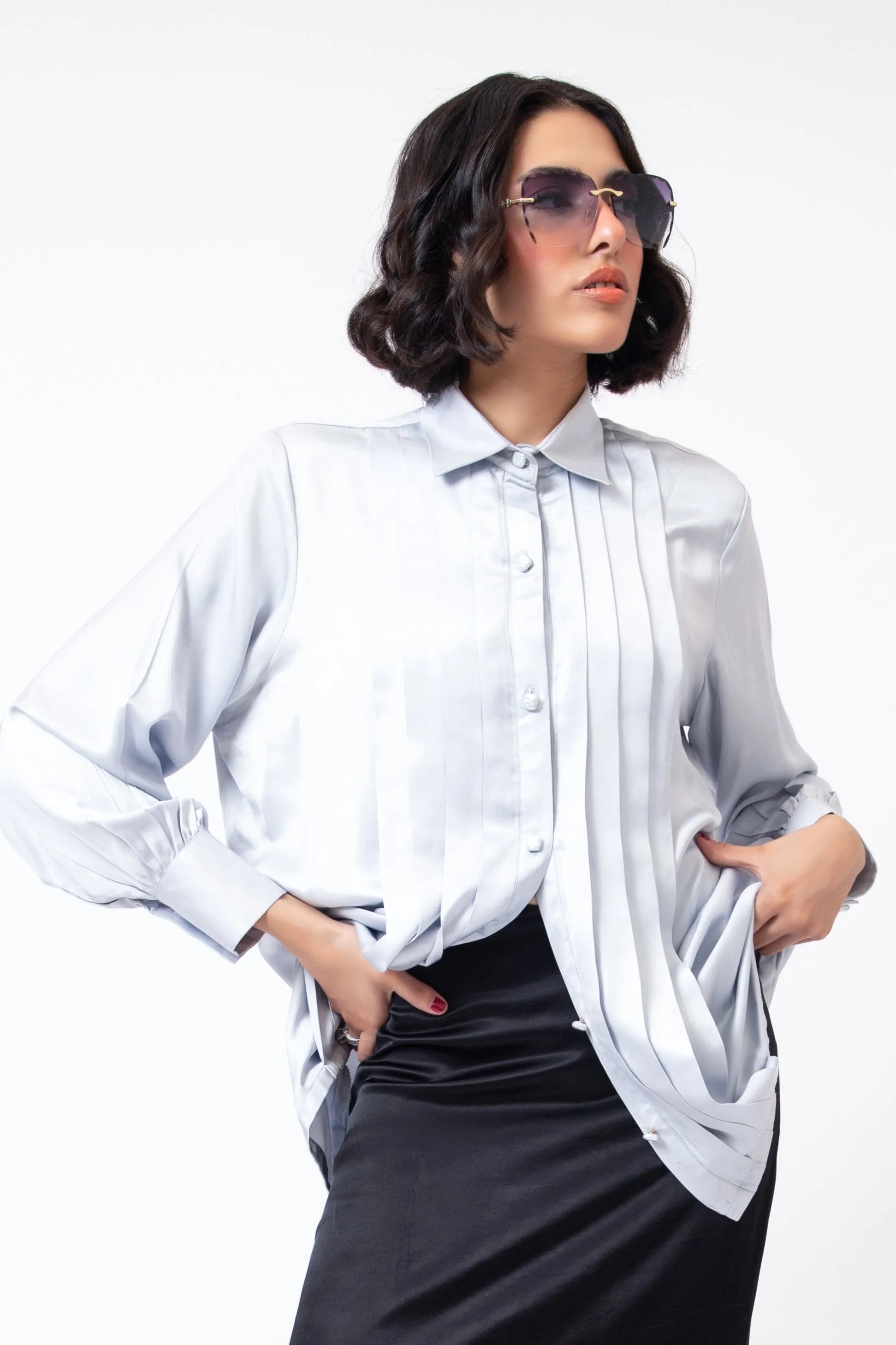 Plissé Button Up  Shirt Grey