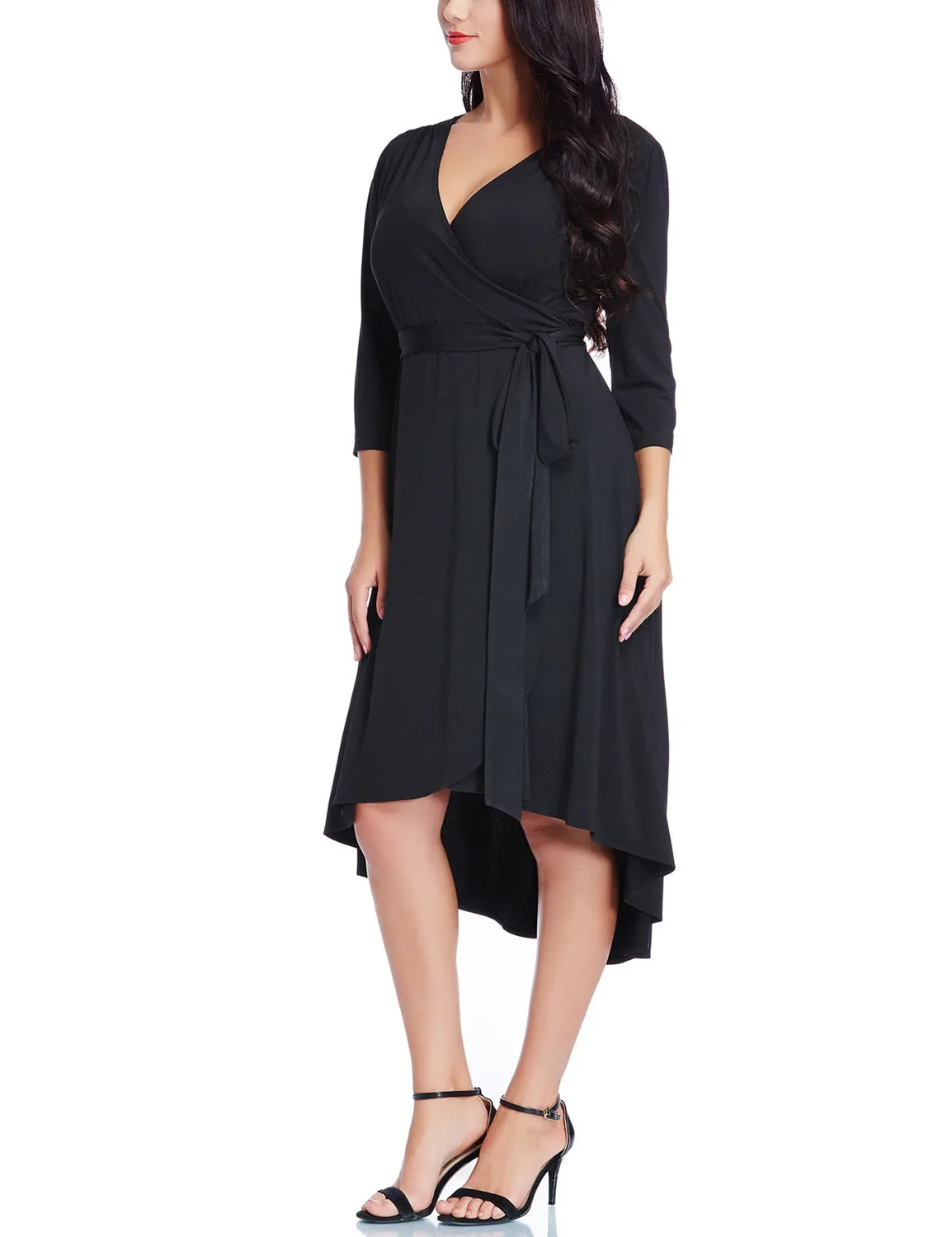 Plus Size Black High-Low Wrap Skater Dress