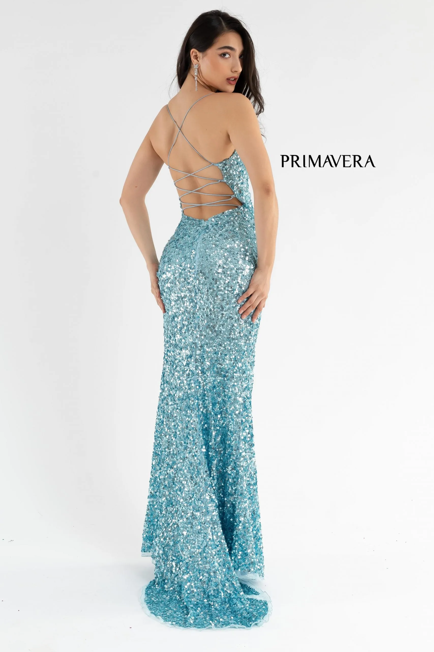 Primavera Couture 3791 Sizes 2, 8 Emerald Prom Dress V Neckline Sequins Lace Up Tie Back Side Slit