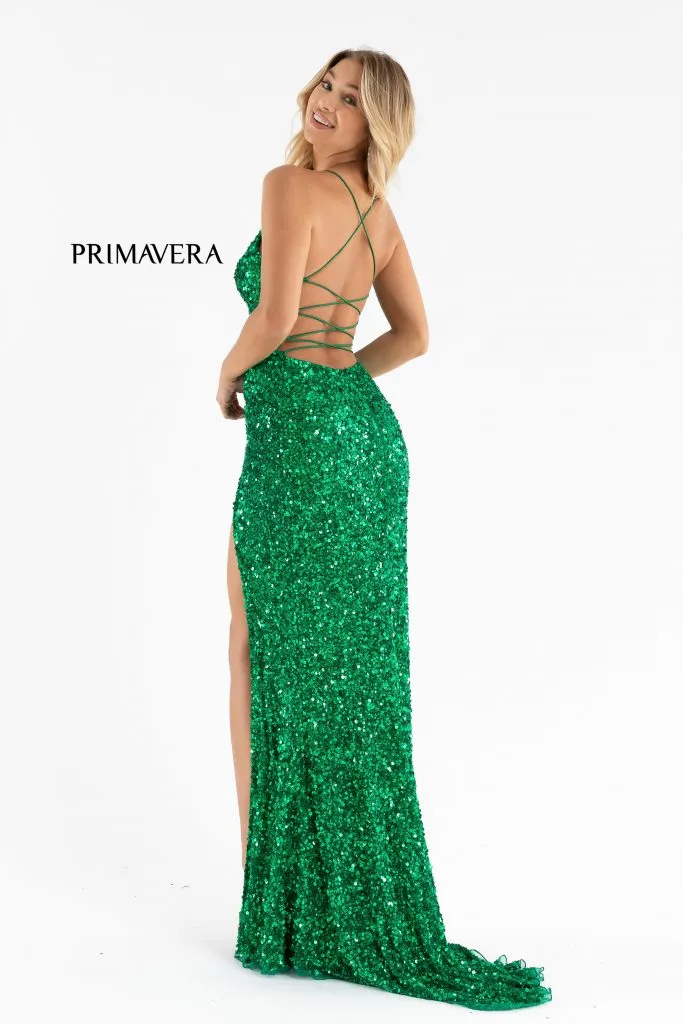 Primavera Couture 3791 Sizes 2, 8 Emerald Prom Dress V Neckline Sequins Lace Up Tie Back Side Slit