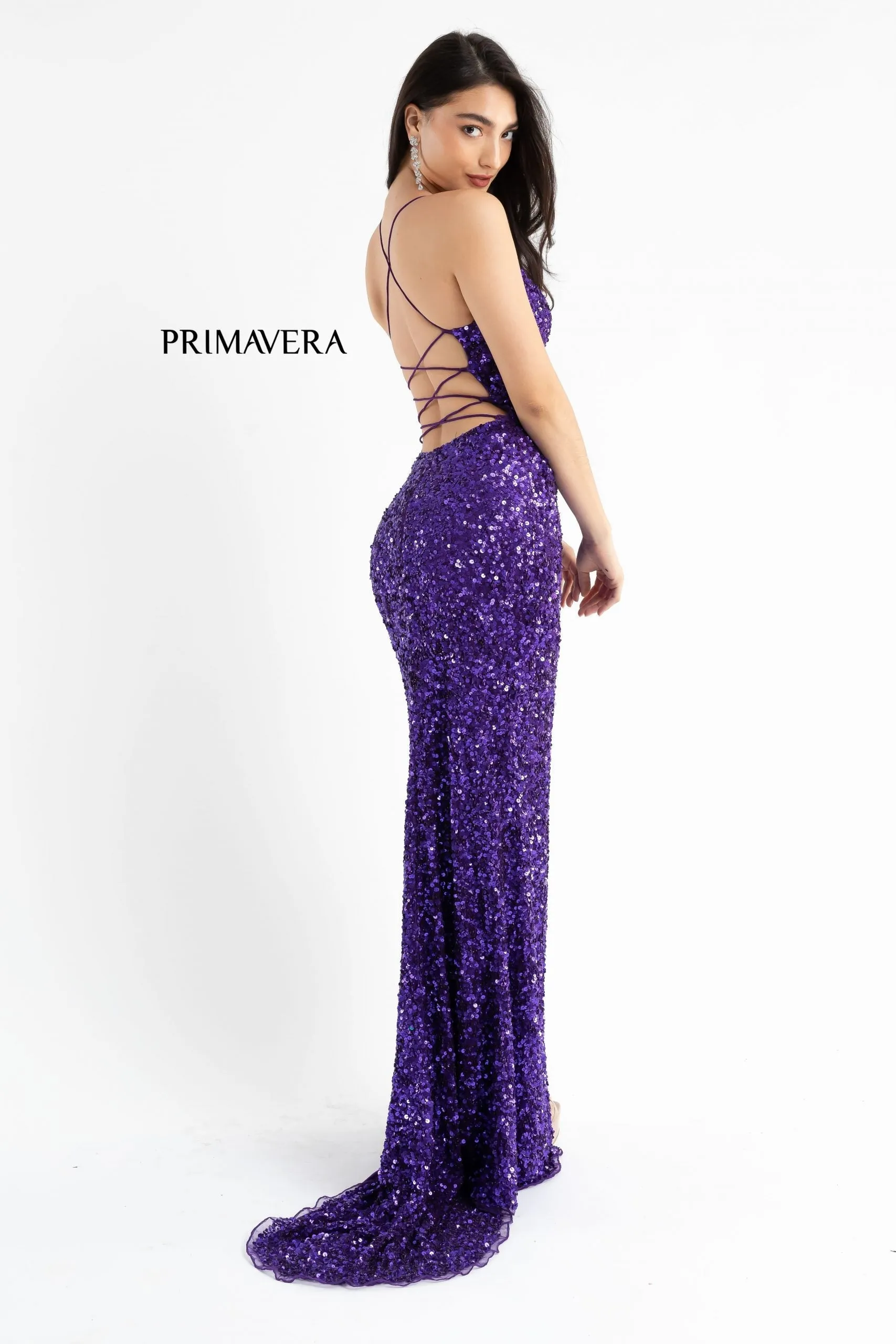 Primavera Couture 3791 Sizes 2, 8 Emerald Prom Dress V Neckline Sequins Lace Up Tie Back Side Slit