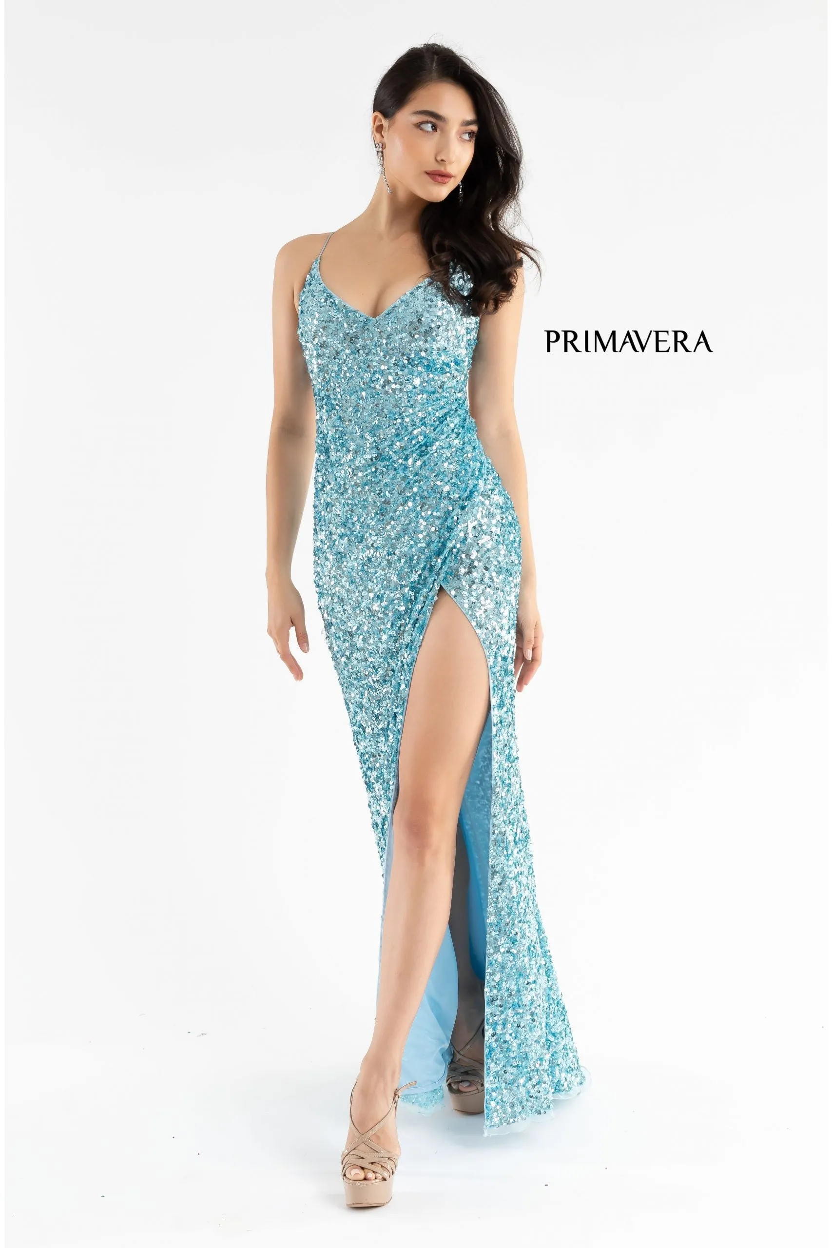 Primavera Couture 3791 Sizes 2, 8 Emerald Prom Dress V Neckline Sequins Lace Up Tie Back Side Slit